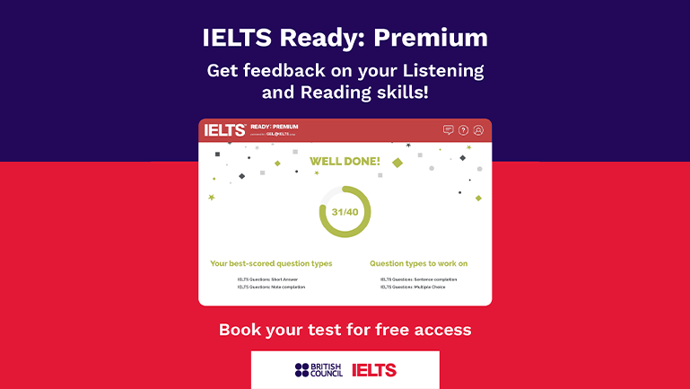 IELTS Ready Premium interface showing feedback on listening and reading skills with test results